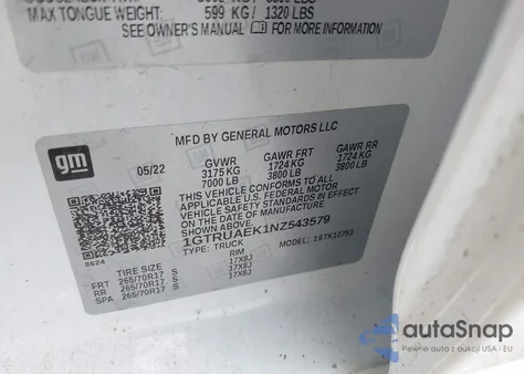 2022 GMC Sierra 1500 4Wd Double Cab Standard Box Pro z USA, uszkodzony, nr VIN 1GTRUAEK1NZ543579